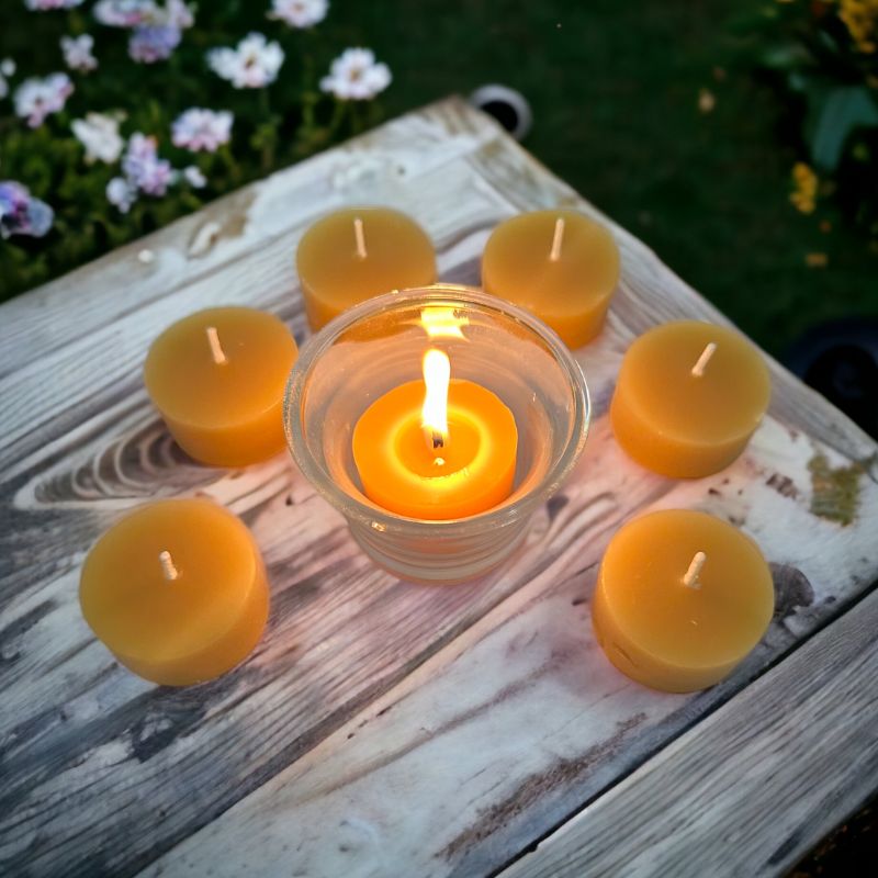 Collombatti Naturals beeswax tea light candles made with Australian beeswax with glass candle holder