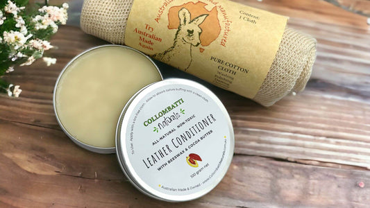 Collombatti Naturals step by step guide to using beeswax leather polish picture of beeswax leather polish and polishing cloth