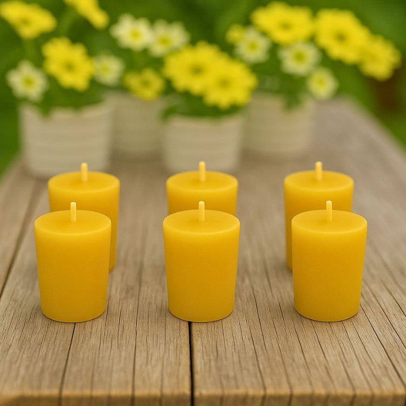 6 pack of beeswax votive candle refills on a wooden table with yellow flowers in the background