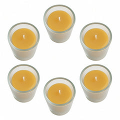 6 golden beeswax votives in glass candle holders