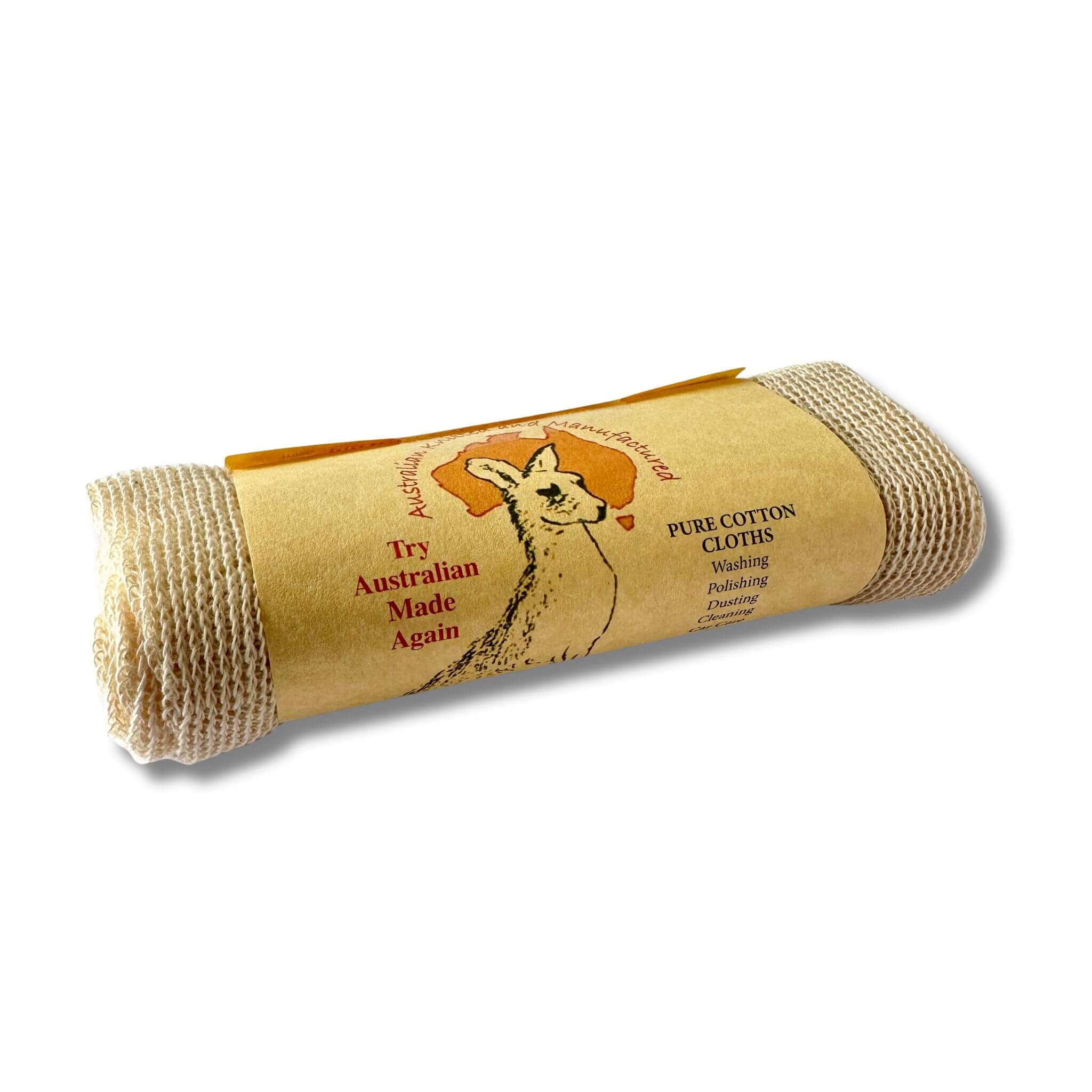 A Blossom and Hive pure cotton cloth, rolled up with a kangaroo design on the plastic-free packaging.