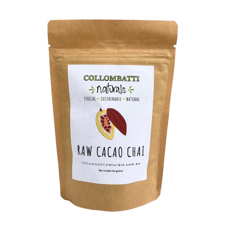 Collombatti Naturals raw cacao chai in recyclable packaging