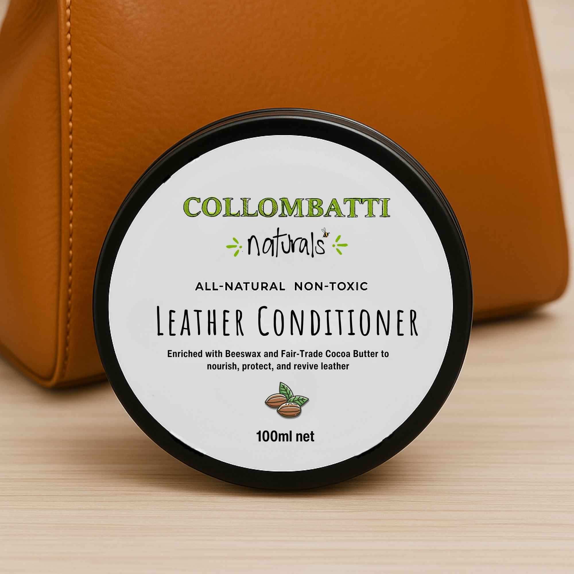 Collombatti Naturals beeswax leather conditioner with a brown leather bag behind