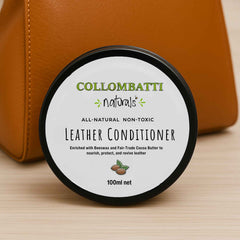 Collombatti Naturals beeswax leather conditioner with a brown leather bag behind