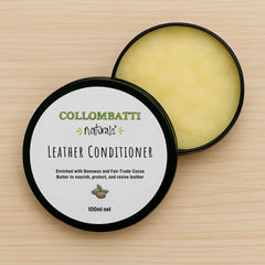 Collombatti Naturals leather conditioner tin opened on a wooden surface