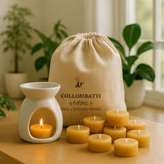 A calming, plant-filled room featuring a beeswax tea light glowing in a white ceramic oil burner. Beside it sits a calico bag filled with natural beeswax tea lights, styled on a wooden table with soft lighting and greenery in the background.