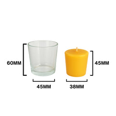 Side-by-side image showing dimensions of a clear glass votive holder (60mm tall, 45mm wide) and a bare beeswax votive candle (45mm tall, 38mm wide).