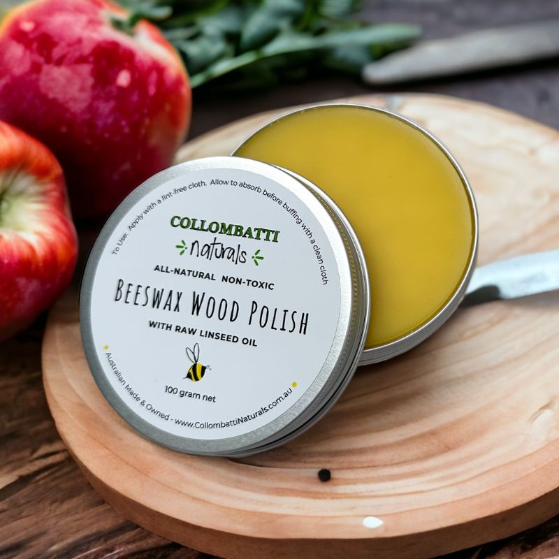 Collombatti Naturals beeswax wood polish on a cutting board