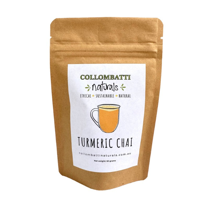 Collombatti Naturals turmeric chai in plastic-free packaging