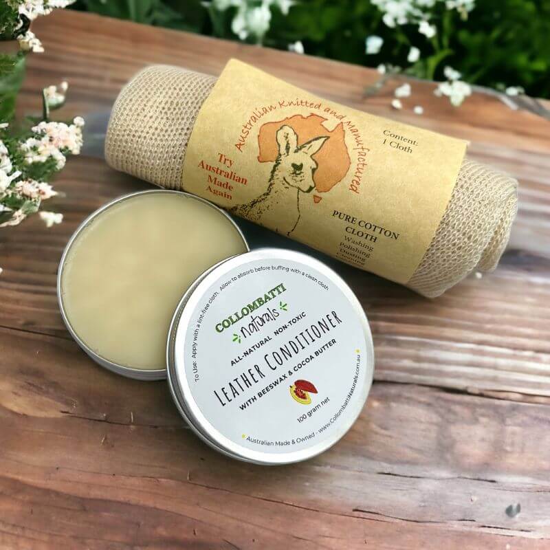 Collombatti Naturals beeswax leather conditioner with Australian made cotton polishing cloth