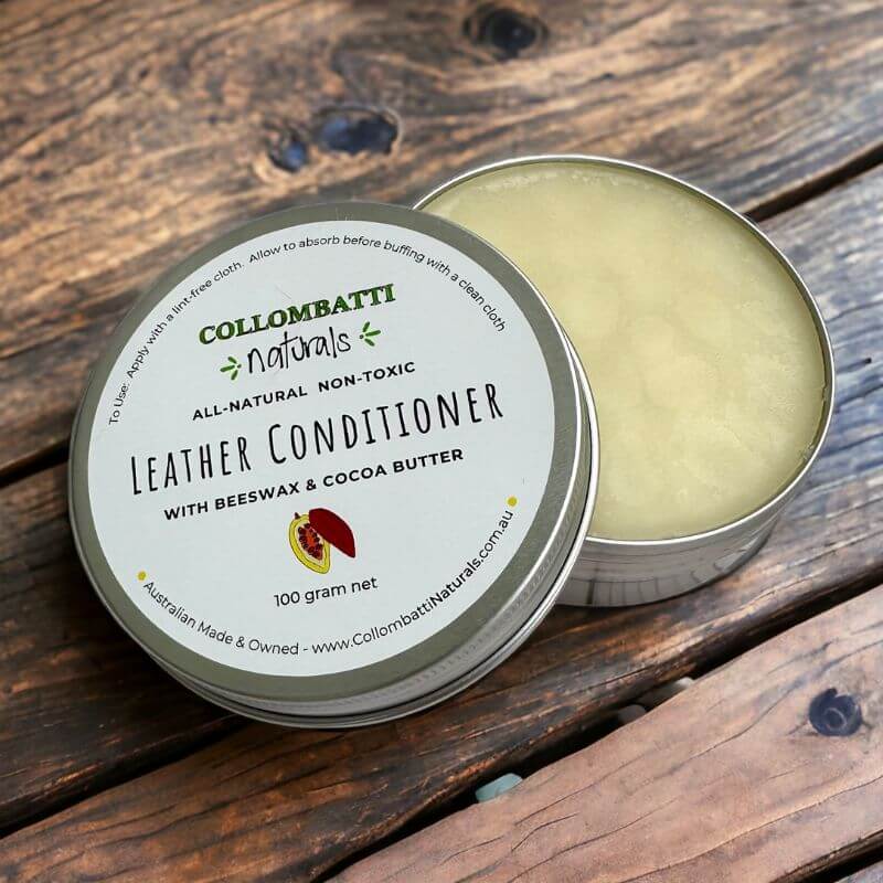 Collombatti Naturals beeswax leather conditioner in an aluminium tin