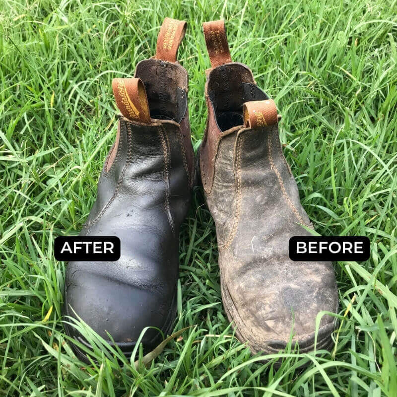 Collombatti Naturals beeswax leather conditioner used on a pair of old boots to show the dramatic difference 