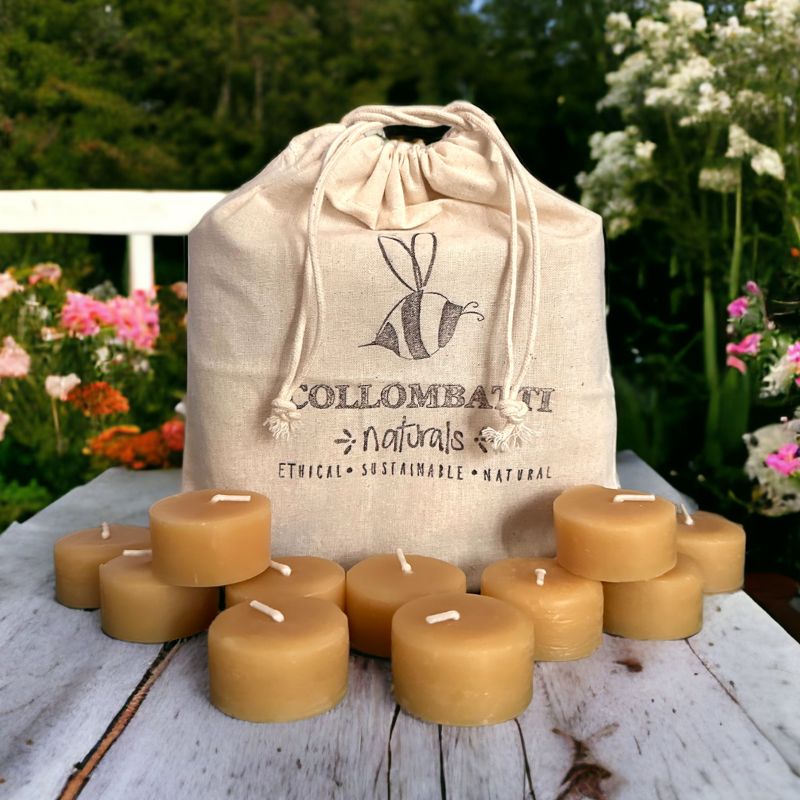 Collombatti Naturals beeswax tea light candles made with Australian beeswax in a calico drawstring bag