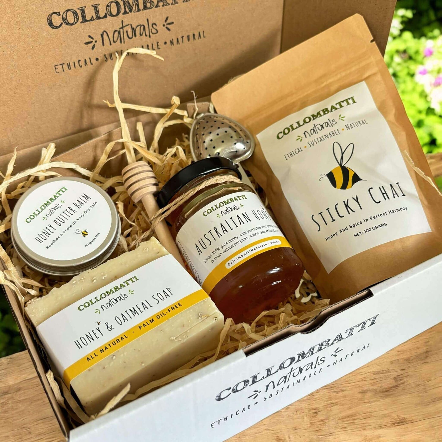 Collombatti Naturals tea and honey gift box with handmade honey soap and dry skin balm in recyclable packaging