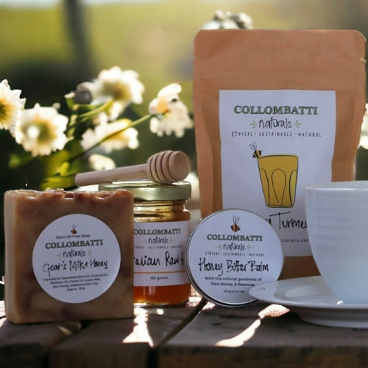 Collombatti Naturals tea and honey gift box with handmade honey soap and dry skin balm in recyclable packaging