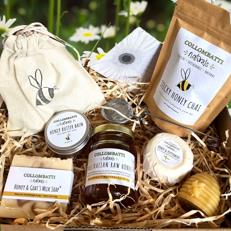 Collombatti Naturals Mega honey gift box with choice of tea, honey and eco-friendly wellness products