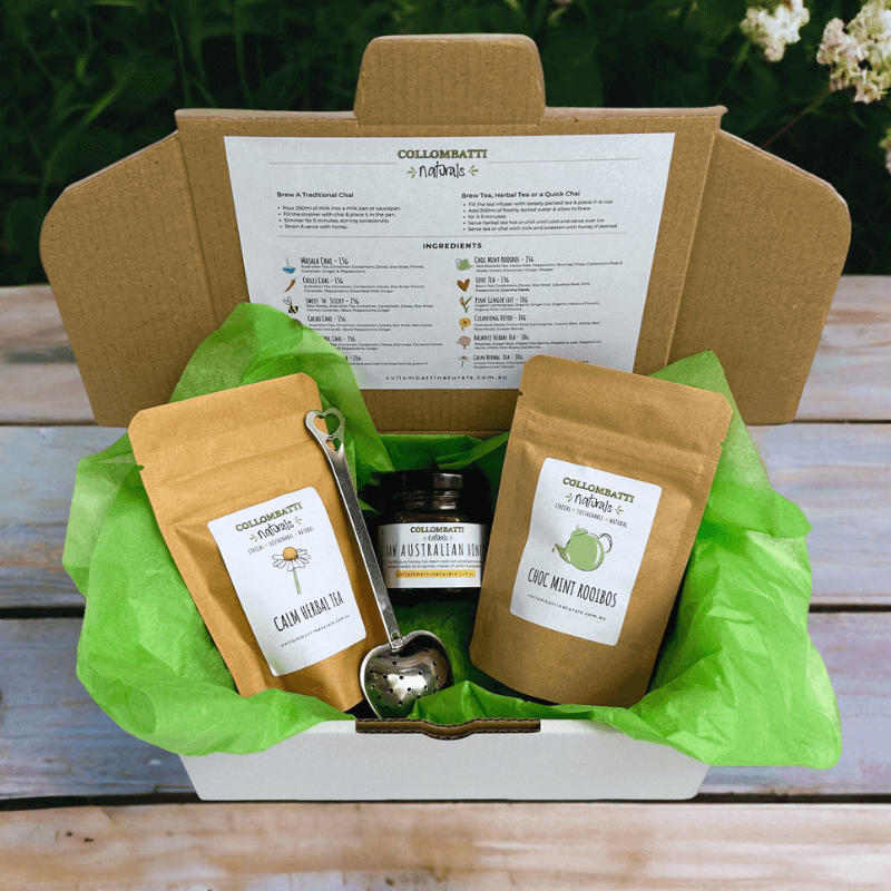 Collombatti Naturals mini chai gift box with Australian grown tea, honey and tea strainer 