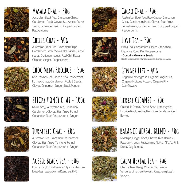 Collombatti Naturals 10 varieties of Australian made loose leaf tea ingredients lisst
