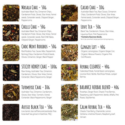 Collombatti Naturals 10 varieties of Australian made loose leaf tea ingredients lisst