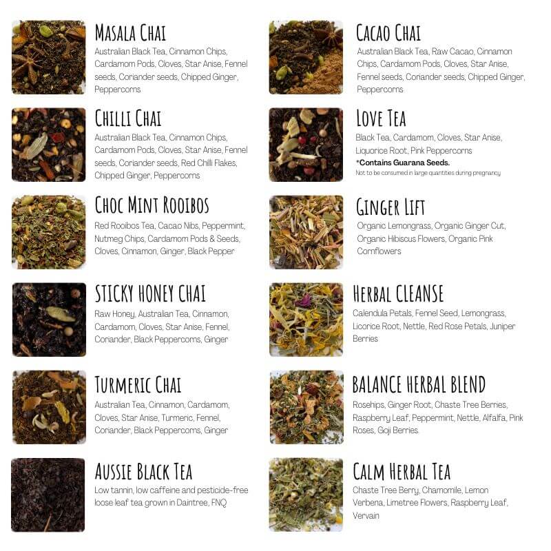 Collombatti Naturals chai and herbal tea sampler pack ingredient list