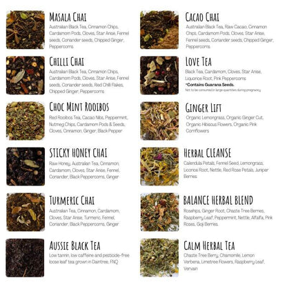 Collombatti Naturals chai and herbal tea sampler pack ingredient list