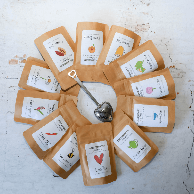 Collombatti Naturals Chai and herbal tea blends sample pack with heart shaped strainer